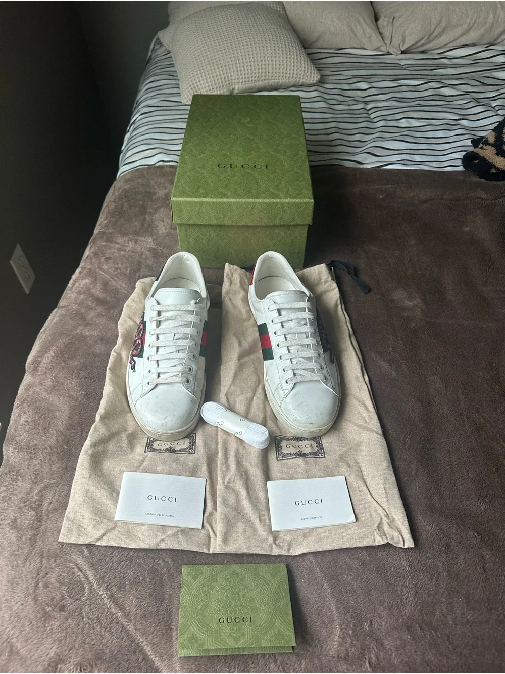 Gucci White Leather Ace Sneakers with Red Snake and Green-Red Web